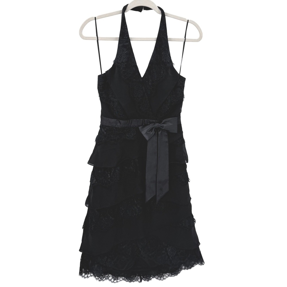 JS Boutique Black Halter Cocktail Dress Tiered Lace Ruffle Satin Bow Size 8